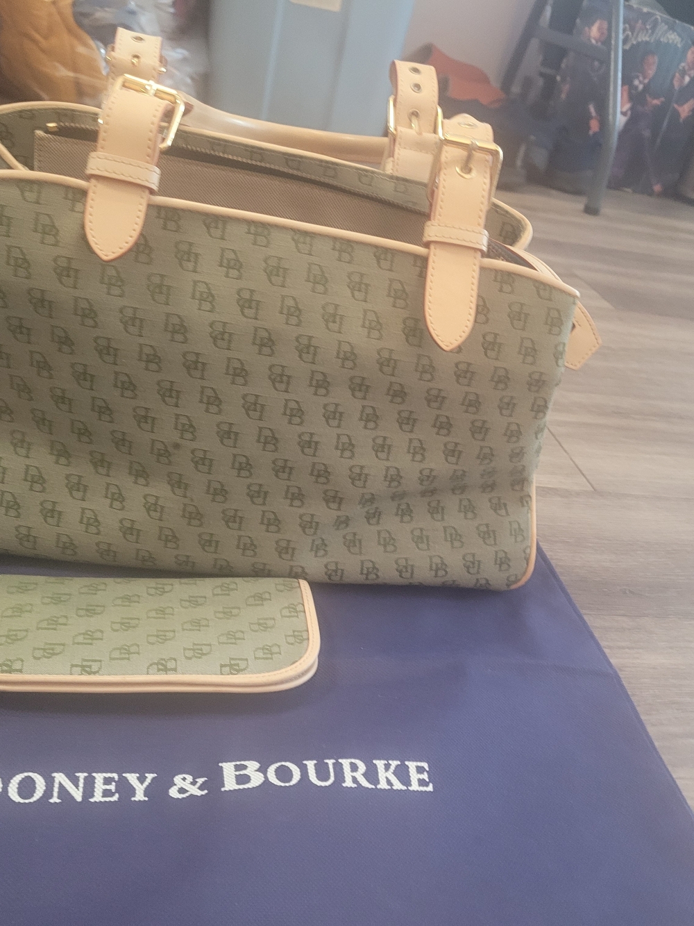 Dooney & Bourke Olive Signature Tote with Cream Trim and Handles